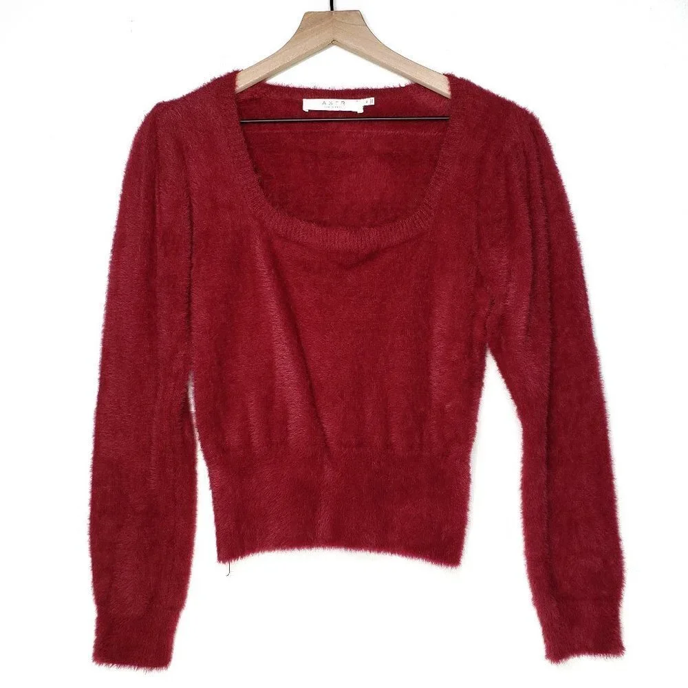 ASTR The Label Fuzzy Cropped Sweater Square Neckline M Wine Maroon Puff Shoulder